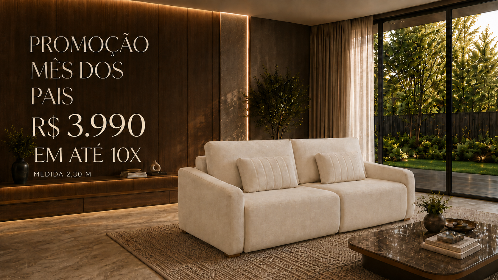 Promoção Mês dos Pais: sofá retrátil sem caixa Rondomóveis 542, medida 2,30 metros, por R$ 3.990 em até 10 vezes